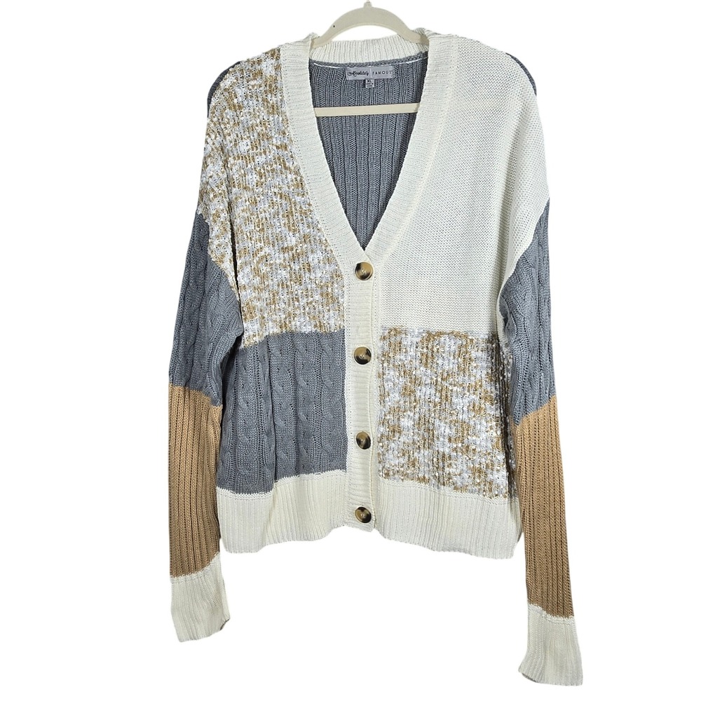 Absolutely Famous Cardigan Sweater Womens XL Colorblock Patchwork Knit Casual